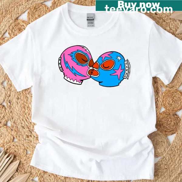 Playful illustration of a kiss on a t-shirt.