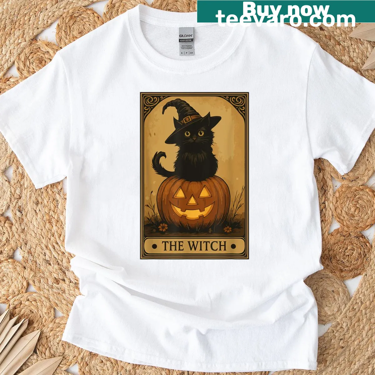 Halloween-themed T-shirt with witch, black cat, and pumpkin tarot card design — on a men's t-shirt