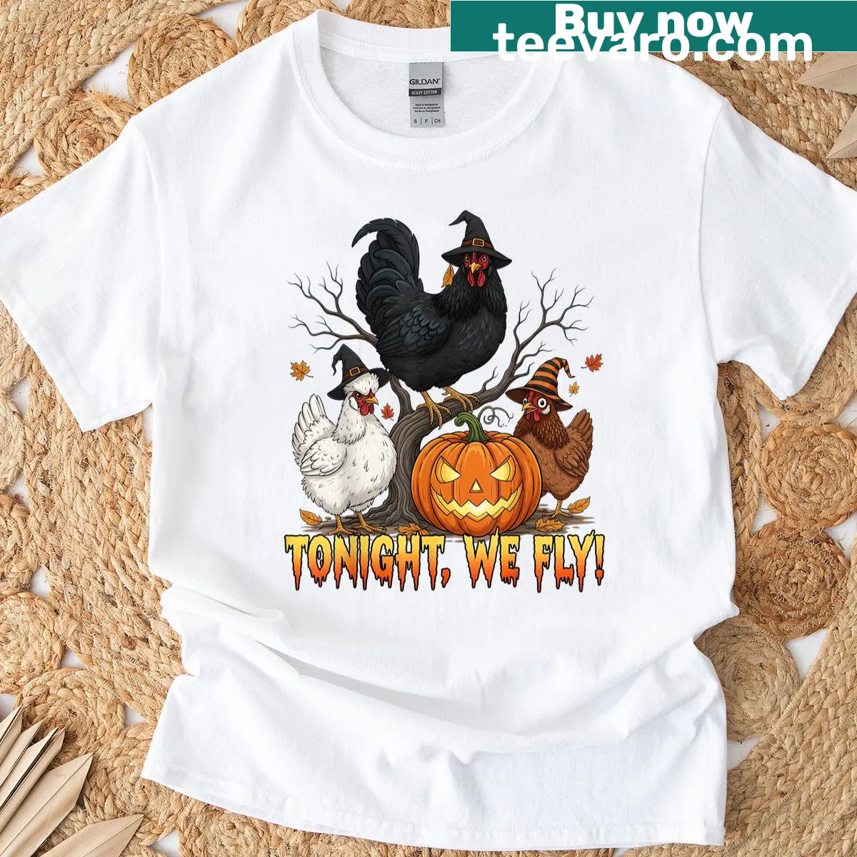 Funny Halloween T-shirt with a chicken witch design on a broom — on a men's t-shirt