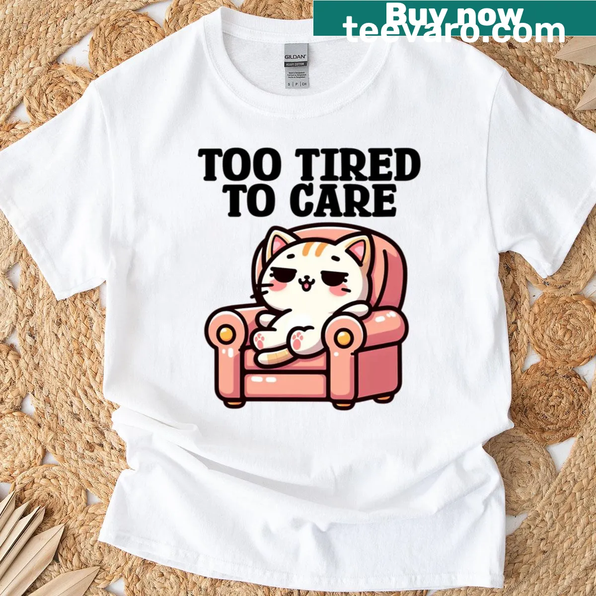 Kawaii cat t-shirt with a lazy design of a cat lying on a couch — on a men's t-shirt