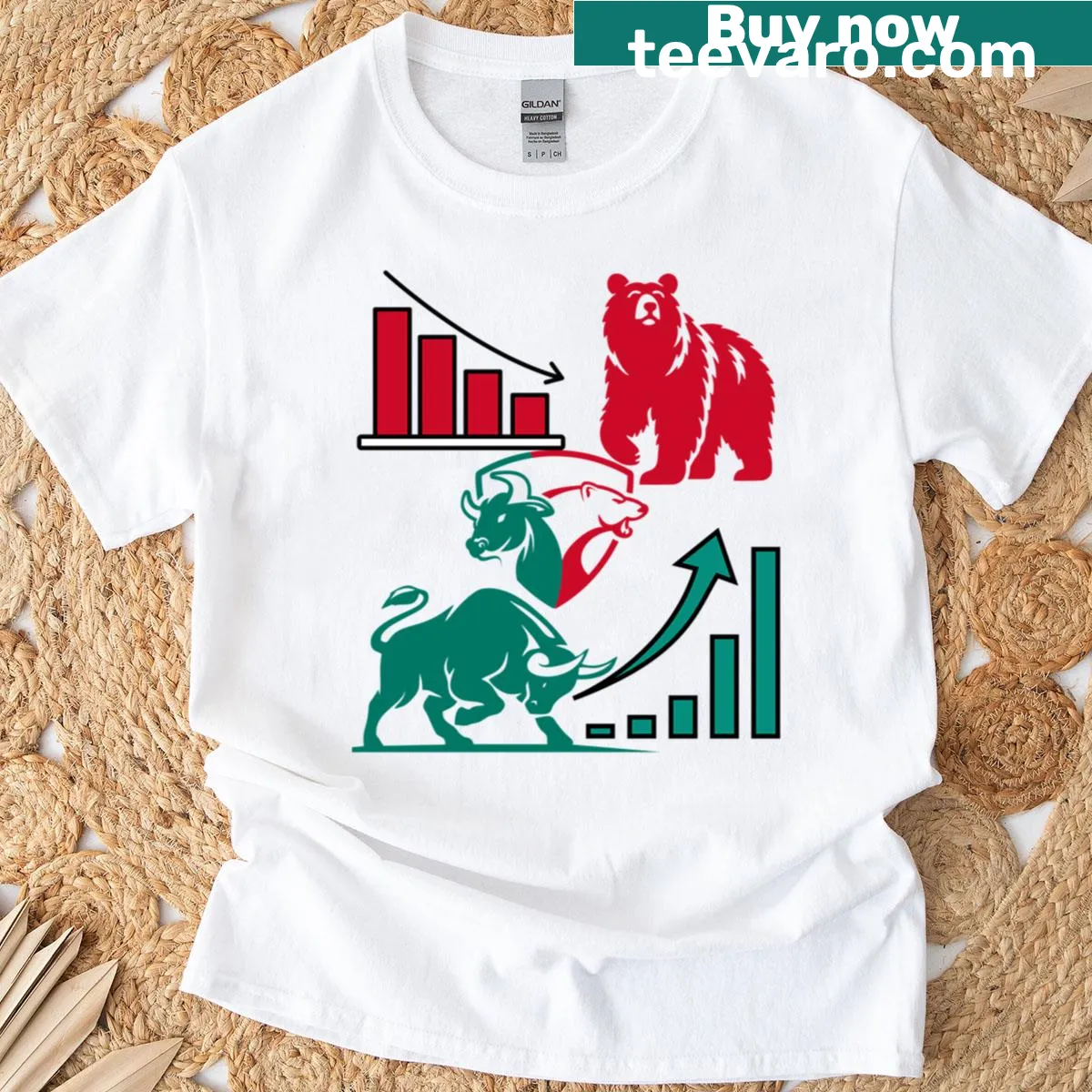 Humorous shirt featuring bull and bear symbols and stock market text. — on a men's t-shirt
