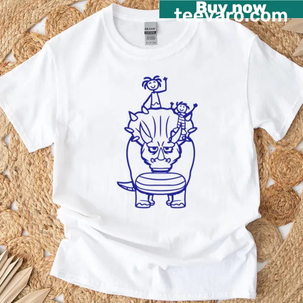 Cartoon triceratops with a child riding it on a T-shirt