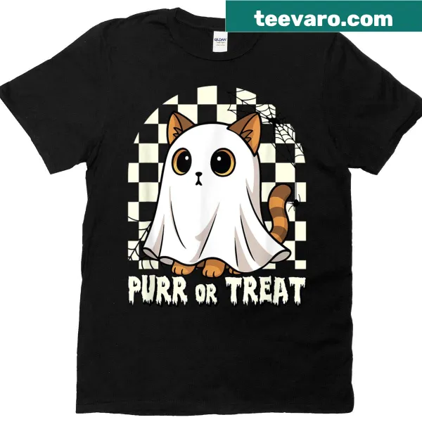 Ghost cat illustration on a Halloween-themed t-shirt