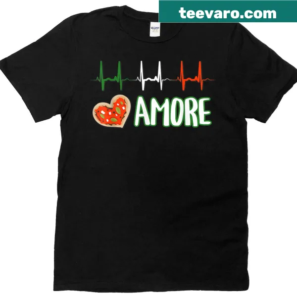 Graphic T-shirt featuring EKG pulse and pizza slice with Amore text