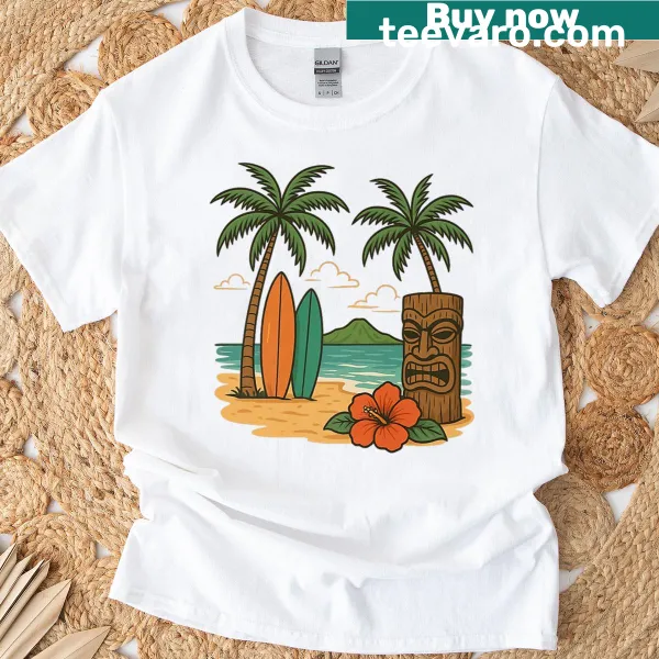 Illustration of tropical island with palm trees and surfboards on a t-shirt