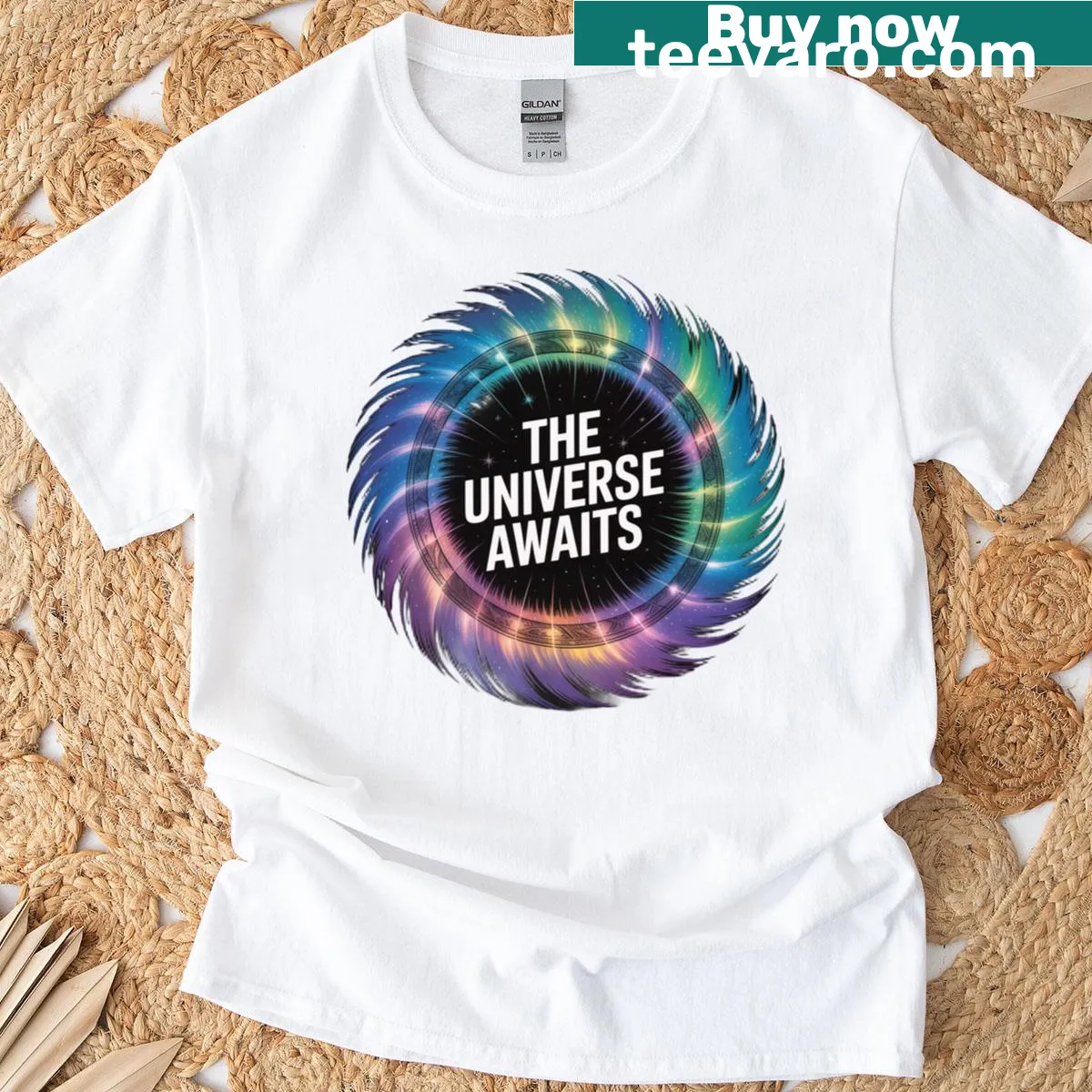 Cosmic galaxy design T-shirt for astronomy lovers featuring stars and planets — on a men's t-shirt