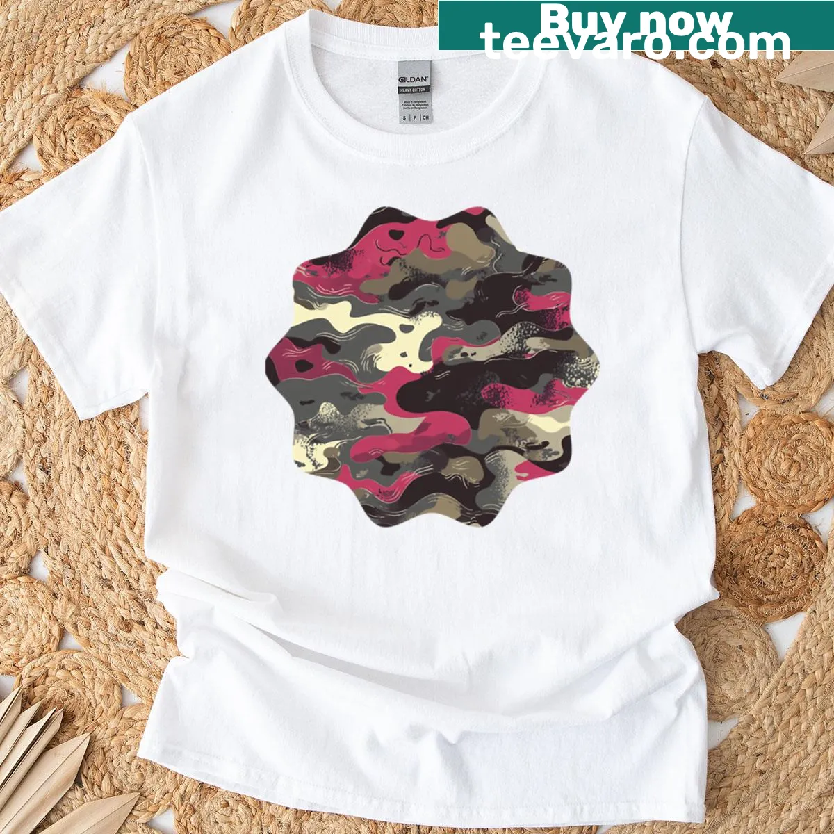 Retro camo hunting shirt with Urban Orchid design — on a men's t-shirt