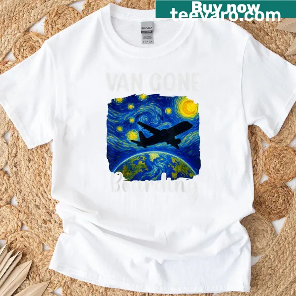 Funny travel t-shirt featuring a van and starry night art style