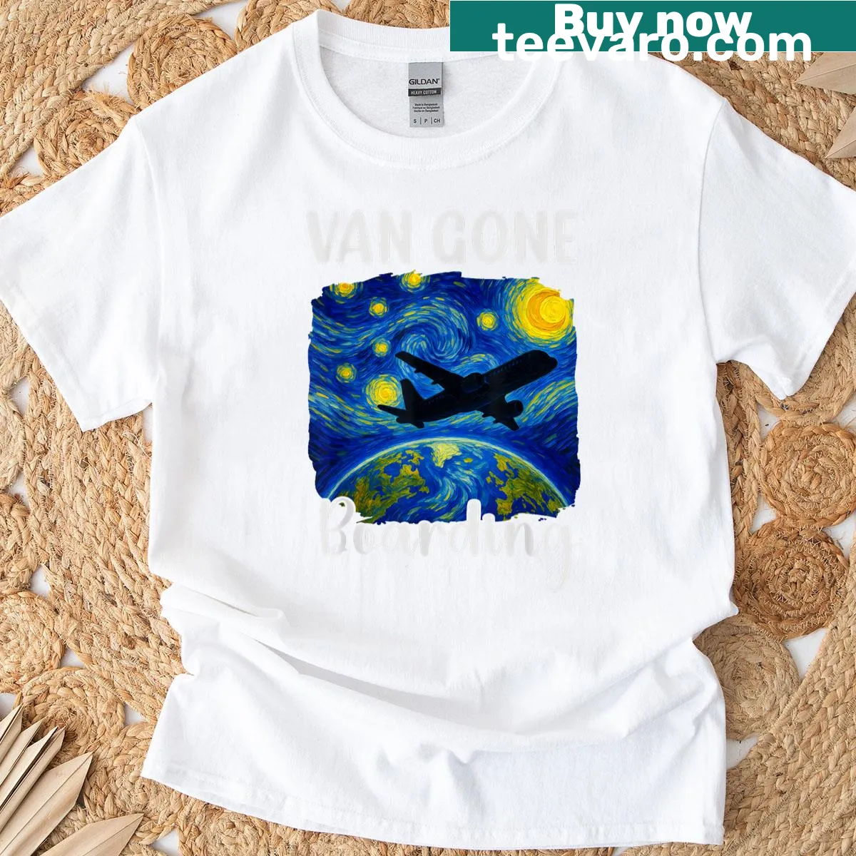 Funny travel t-shirt featuring a van and starry night art style — on a men's t-shirt