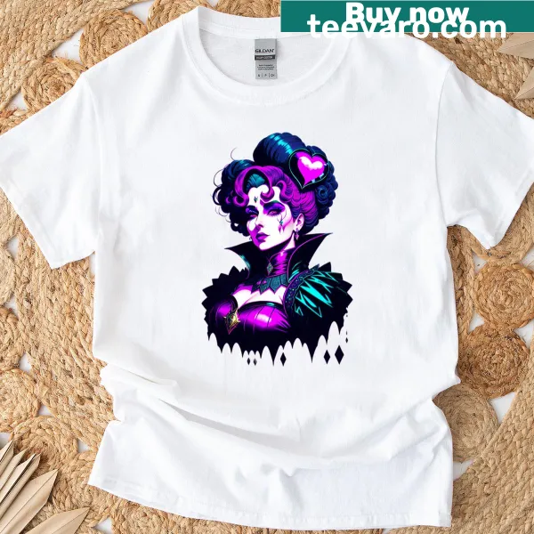 Illustrated Queen Of Hearts design on a T-shirt featuring a crown and hearts