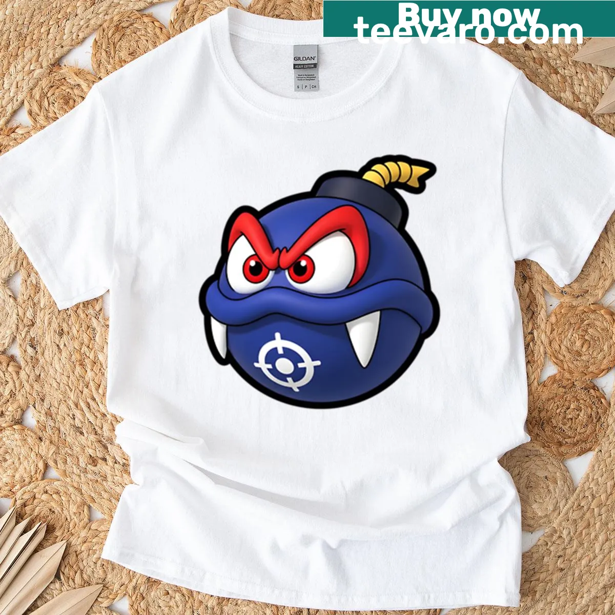 Cartoon angry bomb graphic T-shirt for gamers — on a men's t-shirt