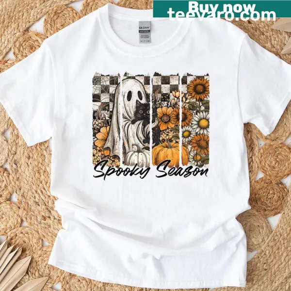 Vintage Halloween t-shirt with ghost, black cat, and pumpkin