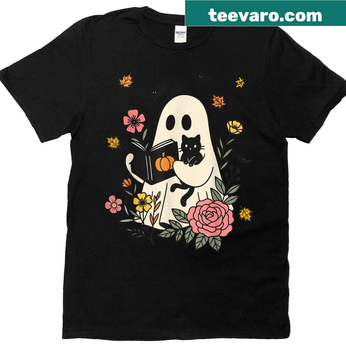 Vintage Halloween shirt with a ghost holding a black cat and floral design. — on a men's t-shirt
