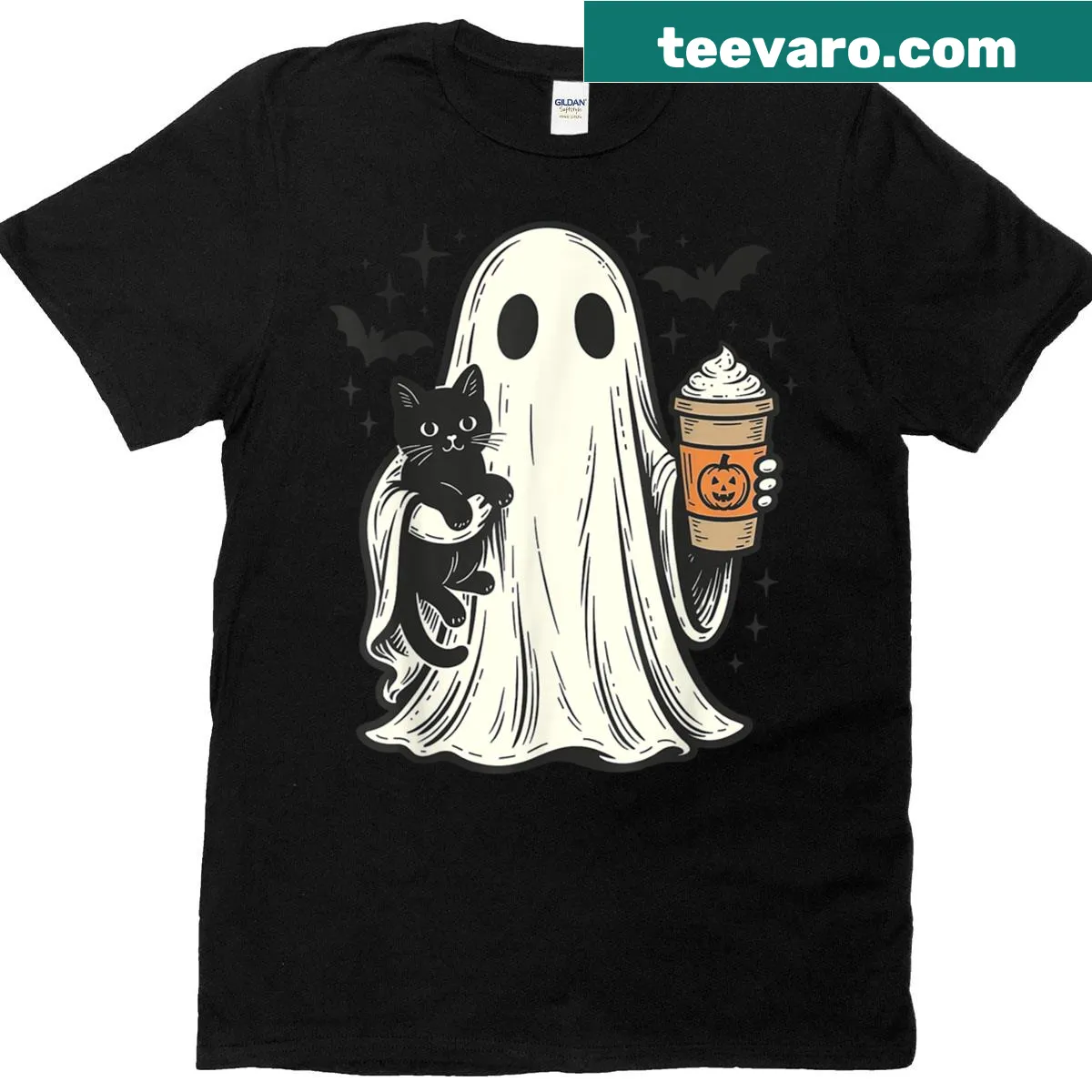 Cute vintage Halloween shirt with ghost, black cat, and pumpkin spice — on a men's t-shirt