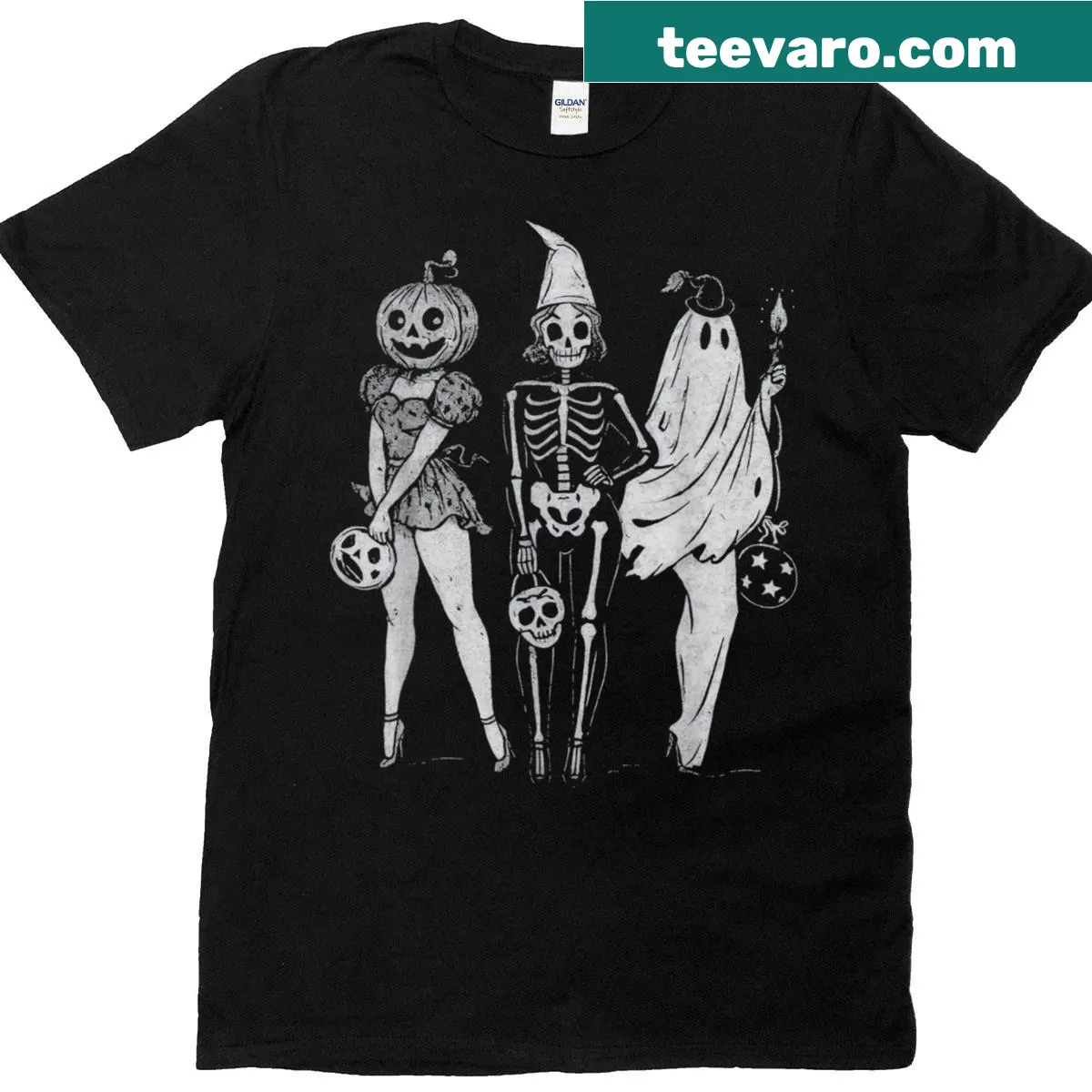 Vintage Halloween t-shirt featuring skeleton and pumpkin design — on a men's t-shirt