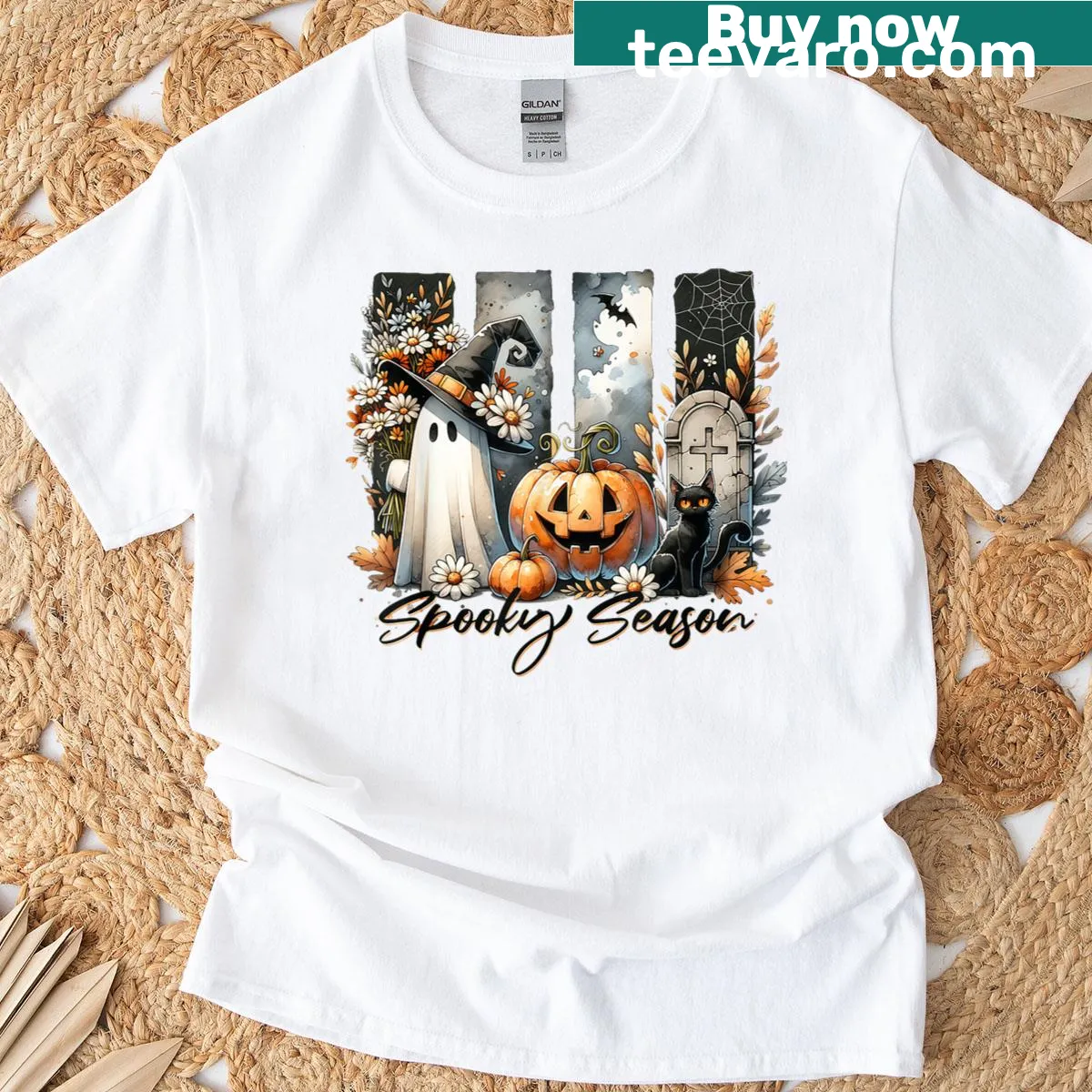 Vintage Halloween-themed shirt with spooky imagery — on a men's t-shirt