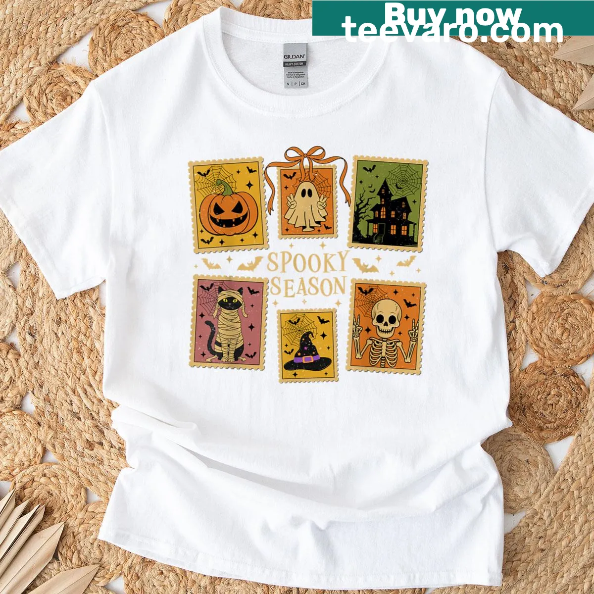 Cartoon ghost cat and pumpkin design on a Halloween T-shirt — on a men's t-shirt