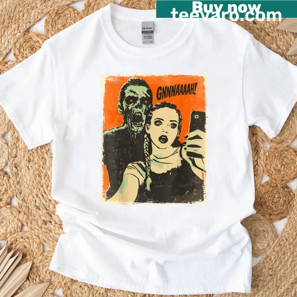 Vintage-style t-shirt with a cute cartoon zombie taking a selfie