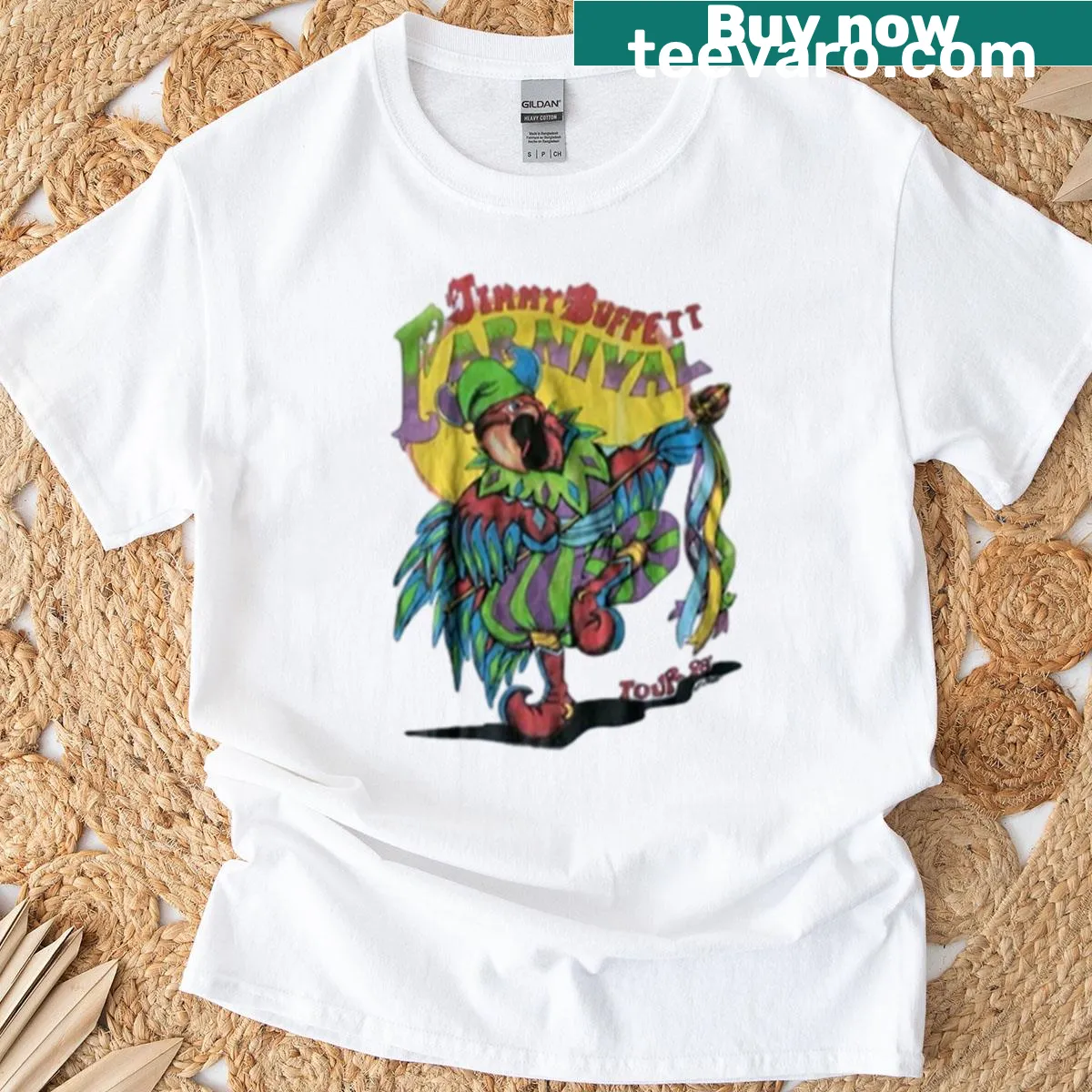 Vintage t-shirt featuring a carnival parrot from Jimmy Buffett's 1998 tour — on a men's t-shirt