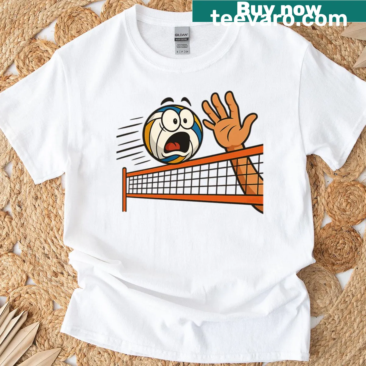 Volleyball graphic T-shirt featuring a spike action design — on a men's t-shirt