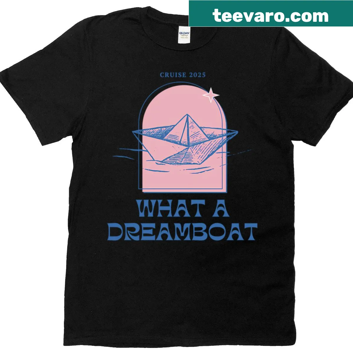 Playful typography T-shirt saying What A Dreamboat — on a men's t-shirt