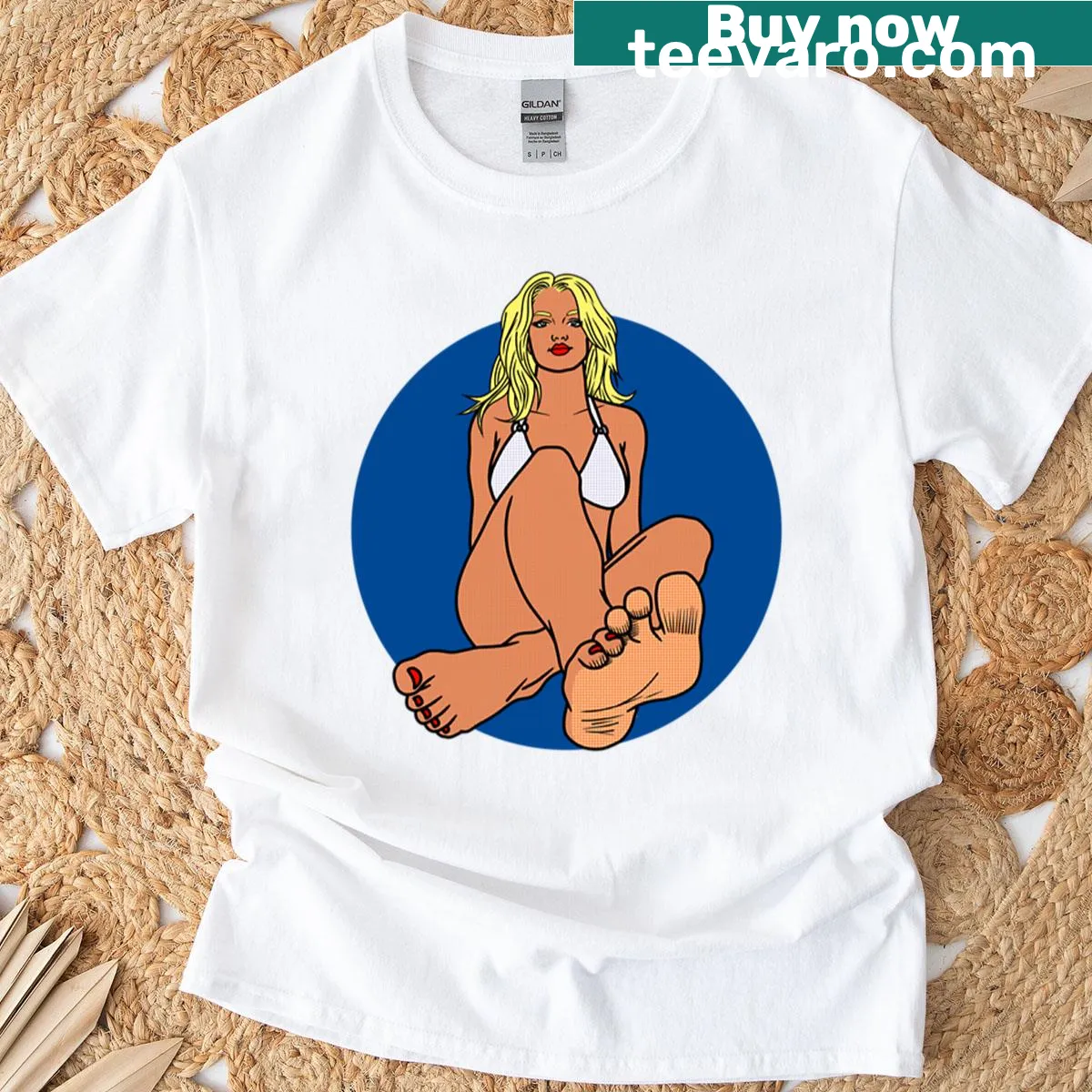 Playful pinup bikini graphic t-shirt — on a men's t-shirt