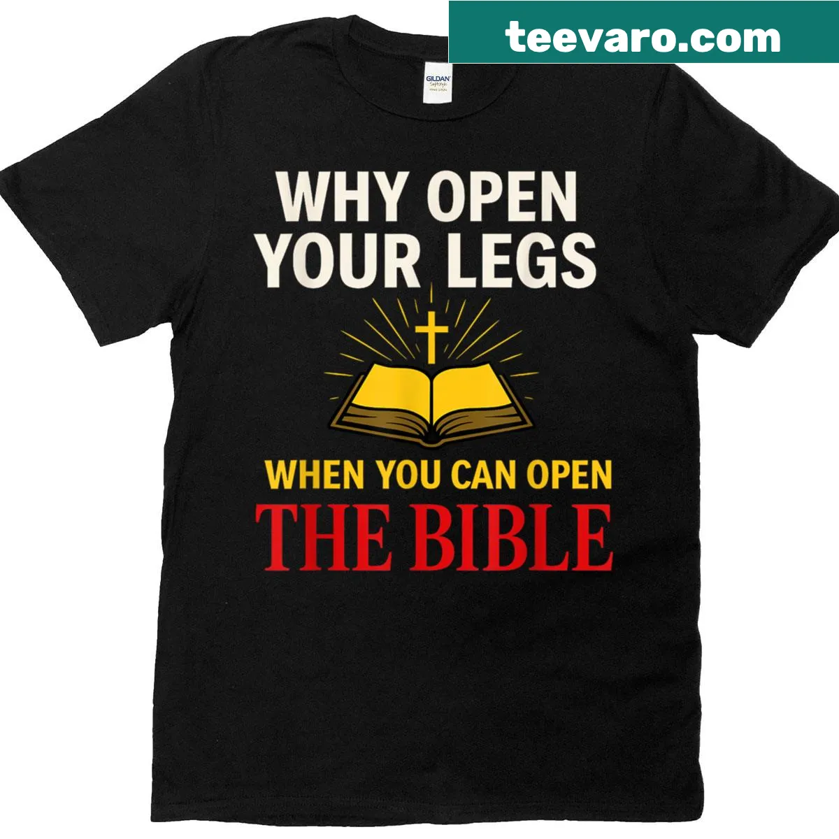 Text-based design questioning societal norms and emphasizing faith. — on a men's t-shirt