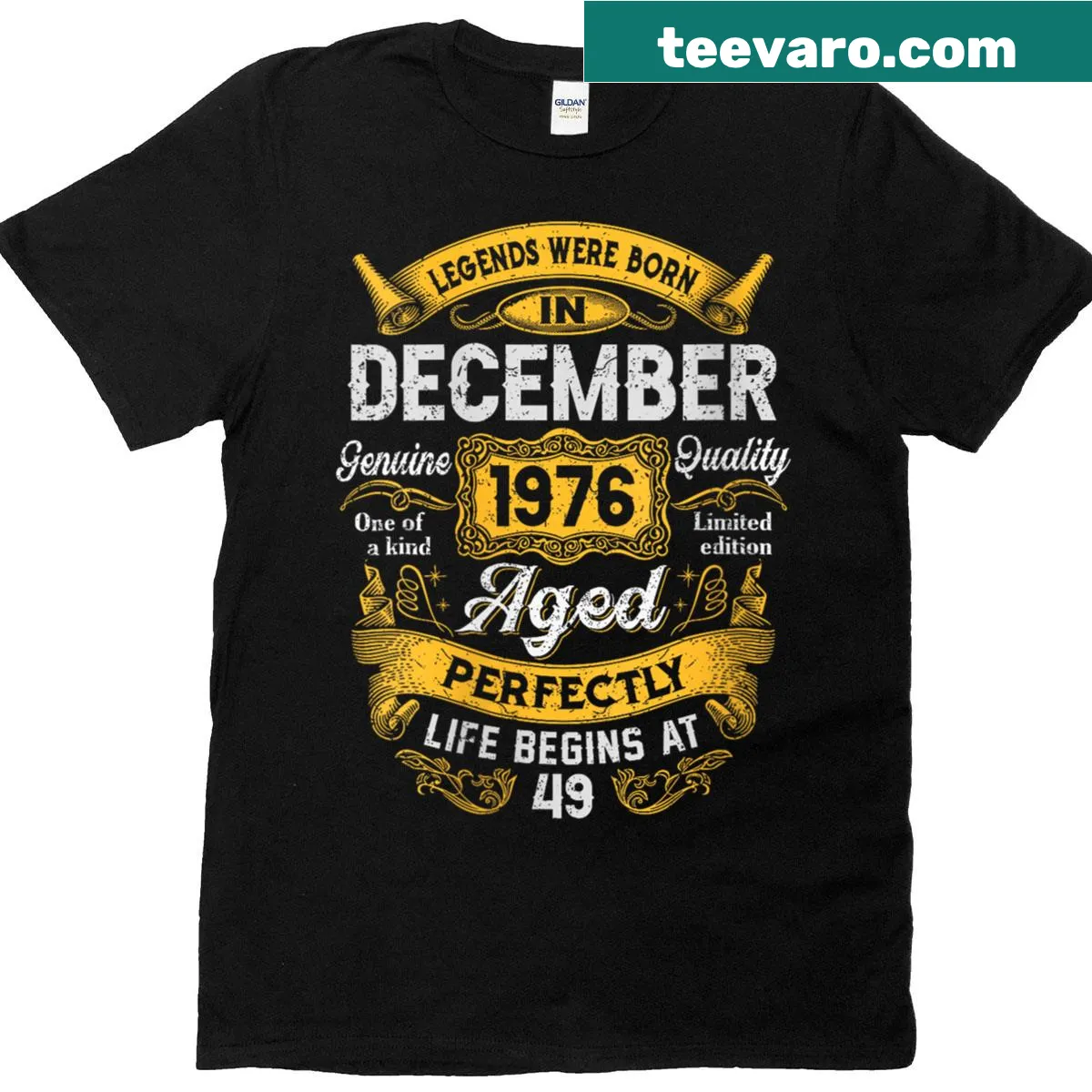 T-shirt celebrating 49th birthday with 'Real Legends December 1976' text — on a men's t-shirt