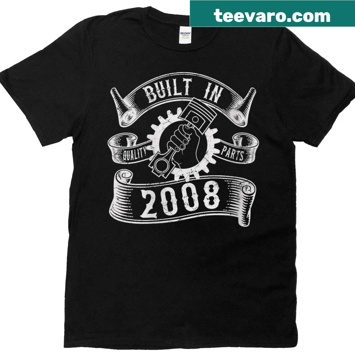 Graphic T-shirt with piston design and Born in 2008 text — on a men's t-shirt