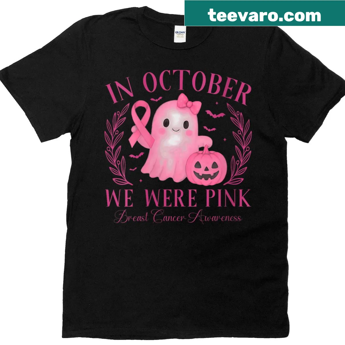 Pink awareness t-shirt with text for breast cancer in October — on a men's t-shirt