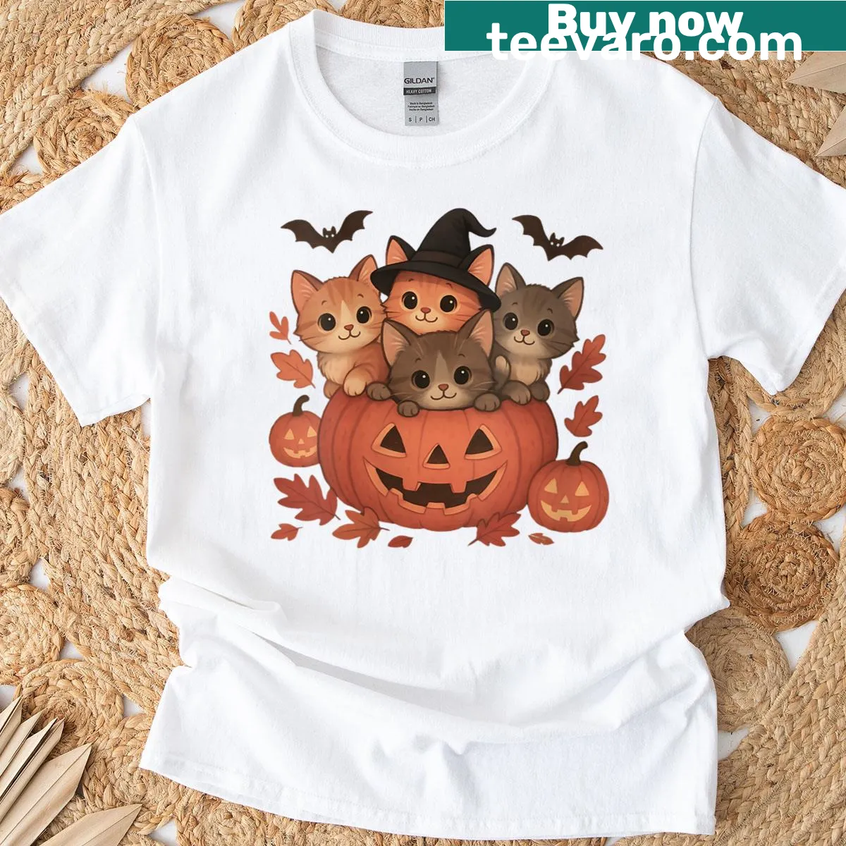 Vintage-style Halloween t-shirt featuring a cute cat and pumpkins — on a men's t-shirt