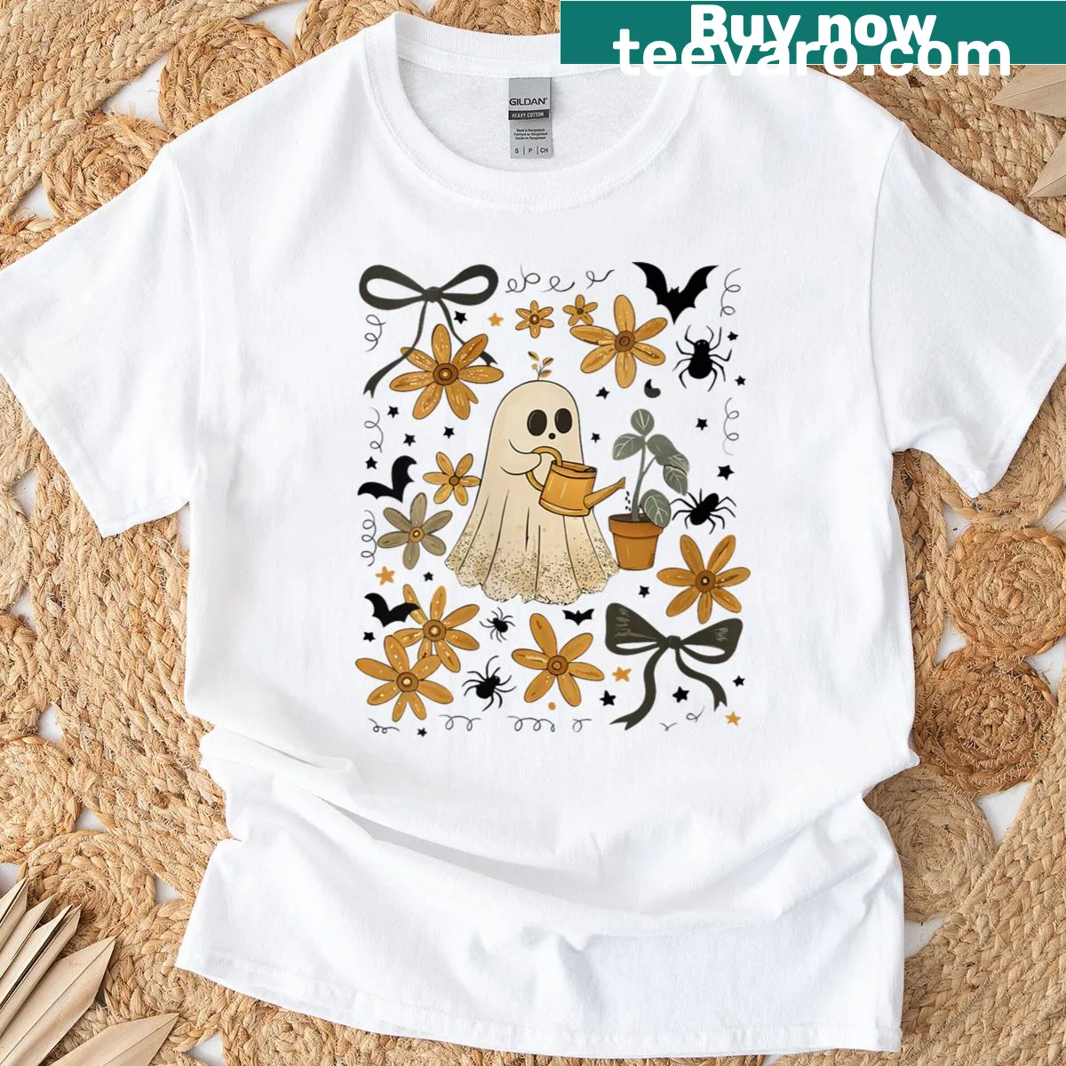 Cute Halloween shirt with a ghost watering plants and floral design. — on a men's t-shirt