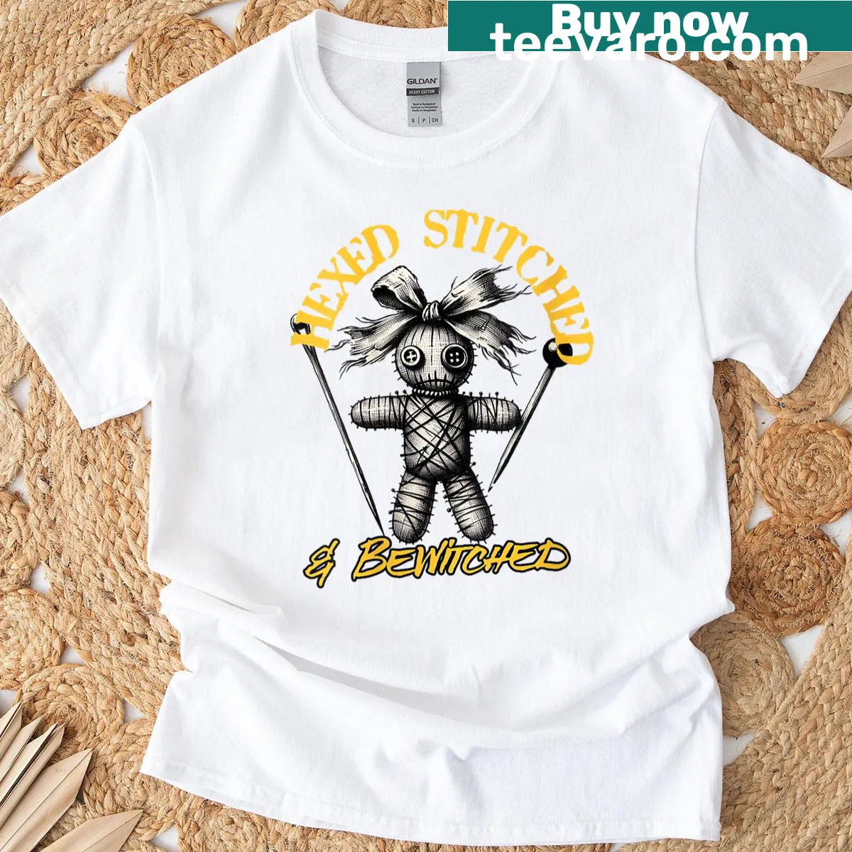 Cute voodoo doll graphic T-shirt for Halloween — on a men's t-shirt