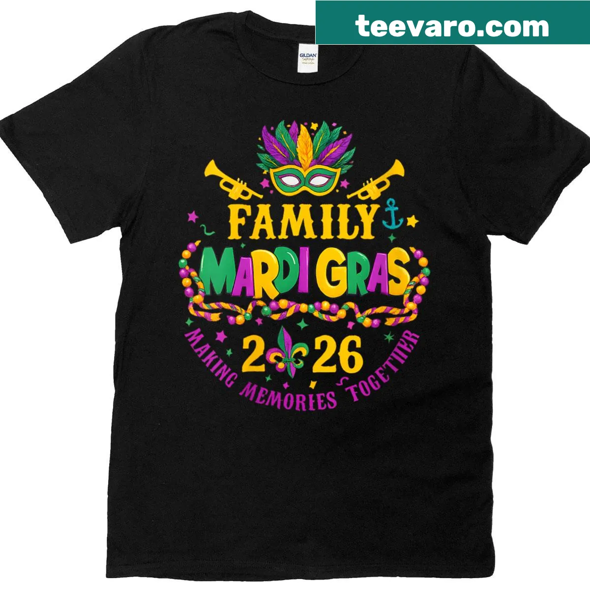 Shirt featuring a festive Mardi Gras design for families — on a men's t-shirt