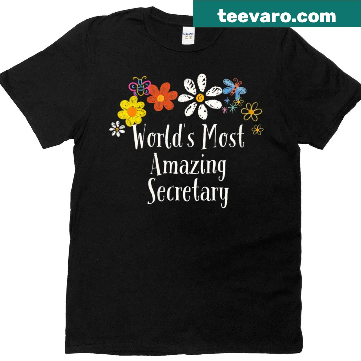 T-shirt with floral design and secretary saying — on a men's t-shirt