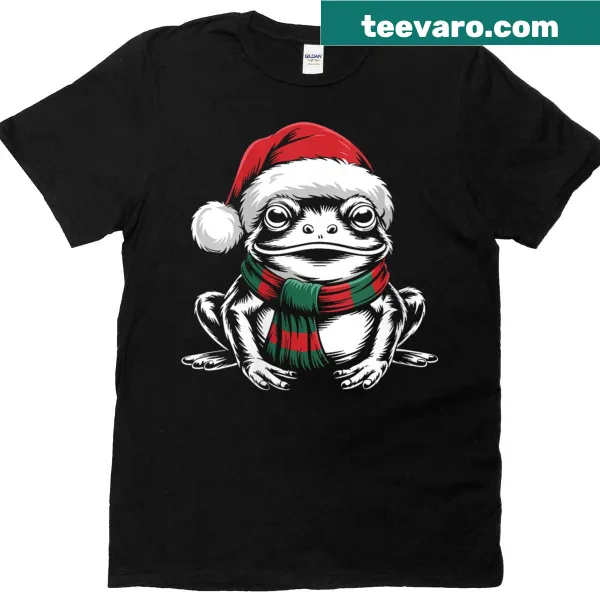 Cute Christmas shirt with a frog in a Santa hat and scarf