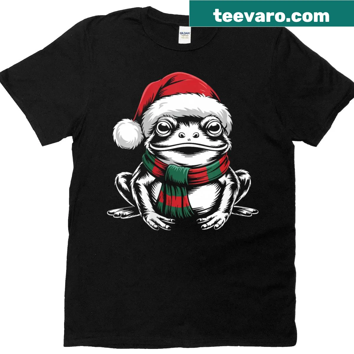 Cute Christmas shirt with a frog in a Santa hat and scarf — on a men's t-shirt