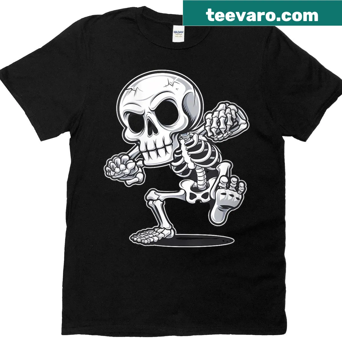 Cartoon dabbing skeleton skull graphic on a Halloween T-shirt. — on a men's t-shirt