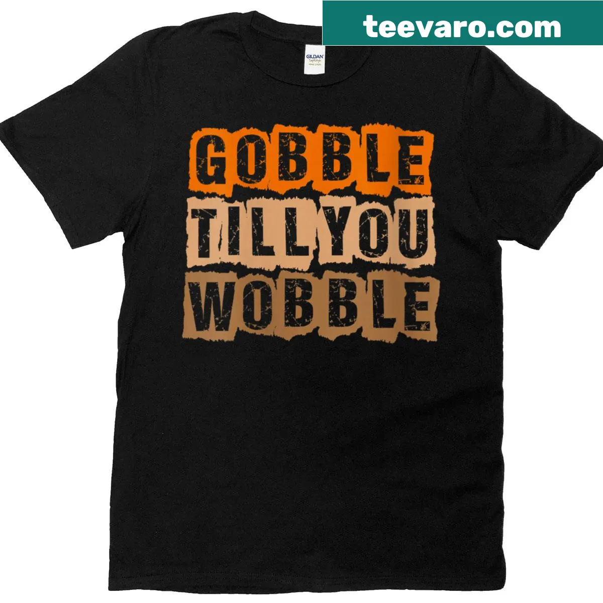 Cartoon turkey with 'Gobble Till You Wobble' text on Thanksgiving T-shirt — on a men's t-shirt