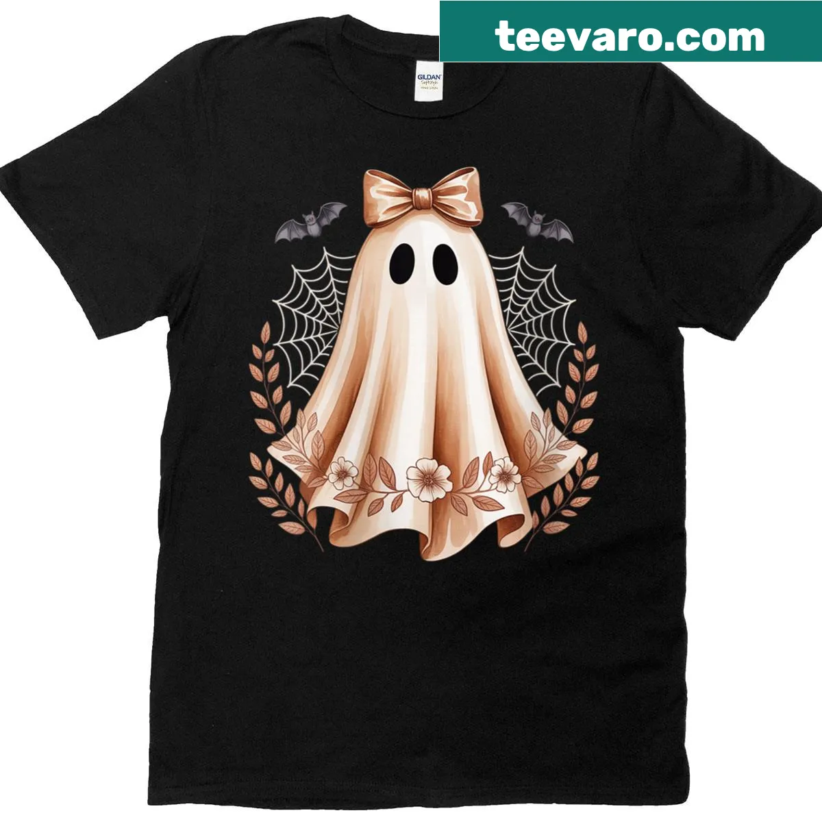 Cute Halloween shirt with a lace ghost and bow design — on a men's t-shirt