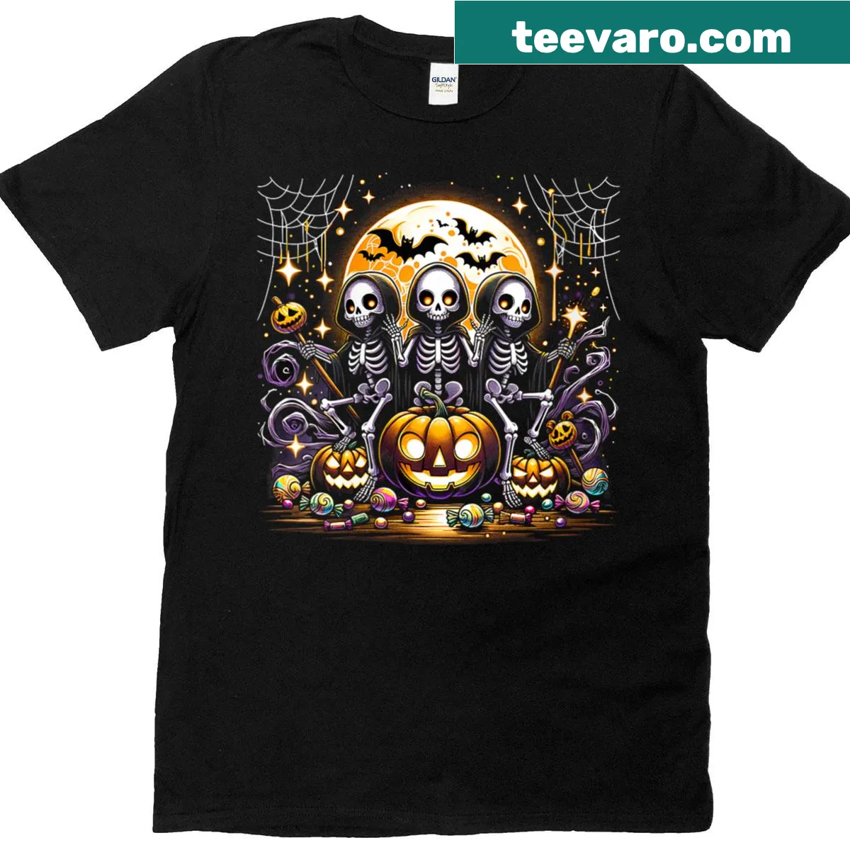 Halloween T-shirt with skeleton and skull graphics — on a men's t-shirt