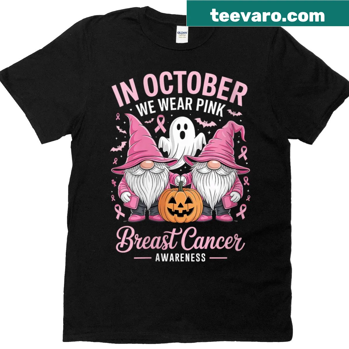 Cute ghost gnomes for breast cancer awareness T-shirt — on a men's t-shirt