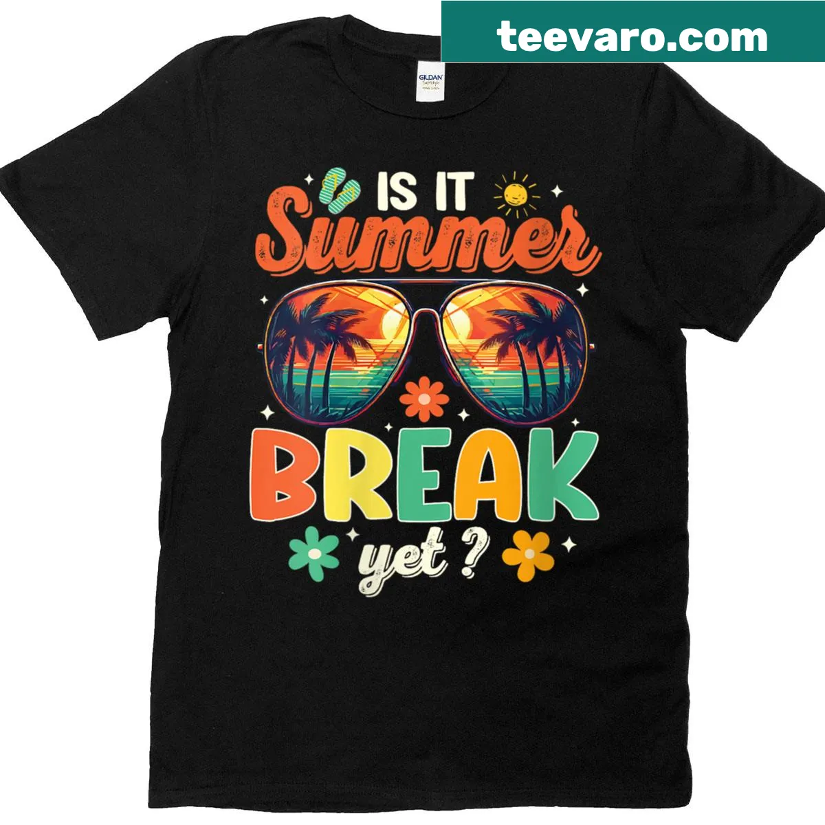 Funny teacher t-shirt with text asking if it's summer break yet — on a men's t-shirt