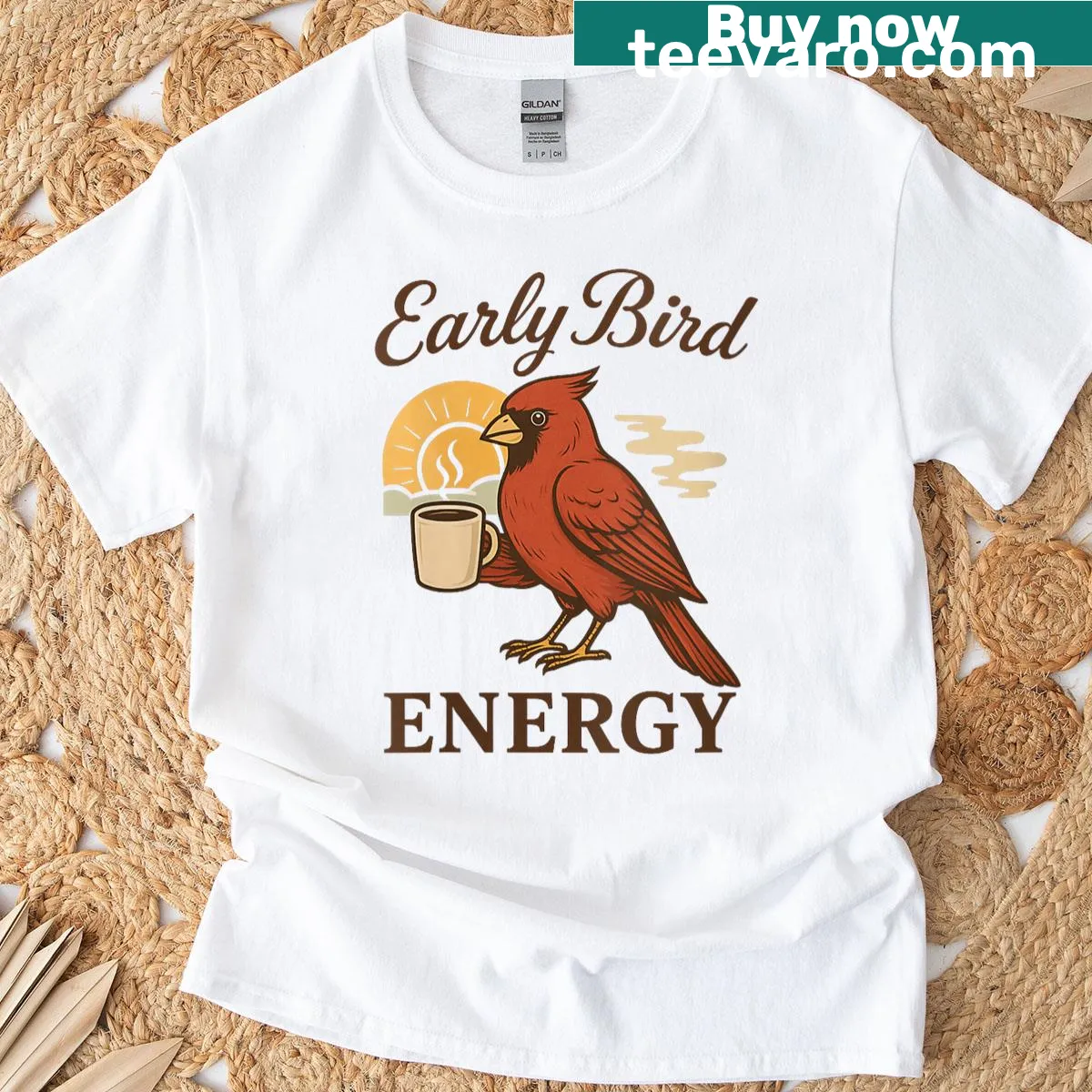 Coffee and sunrise graphic on women's T-shirt — on a men's t-shirt
