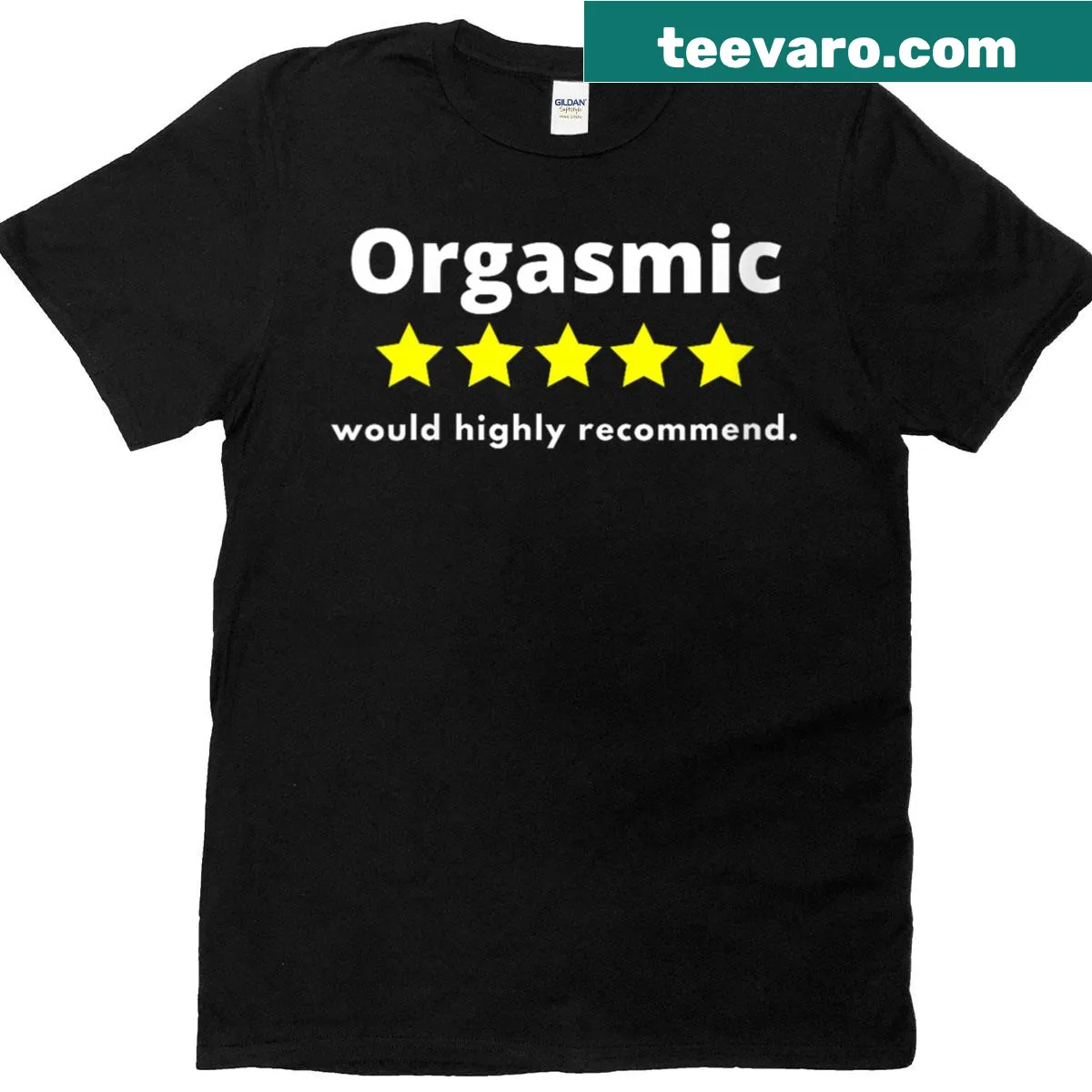 Funny women's T-shirt with 'Five Of Five Stars Would Highly Recommend' text — on a men's t-shirt