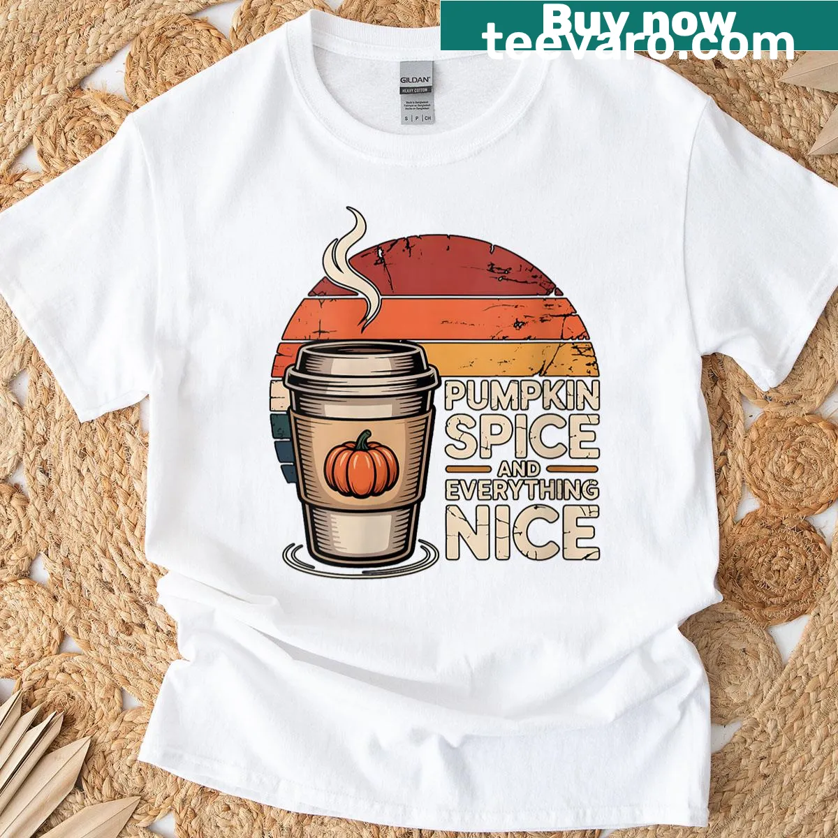 Autumn t-shirt with 'Pumpkin Spice And Everything Nice' text design — on a men's t-shirt