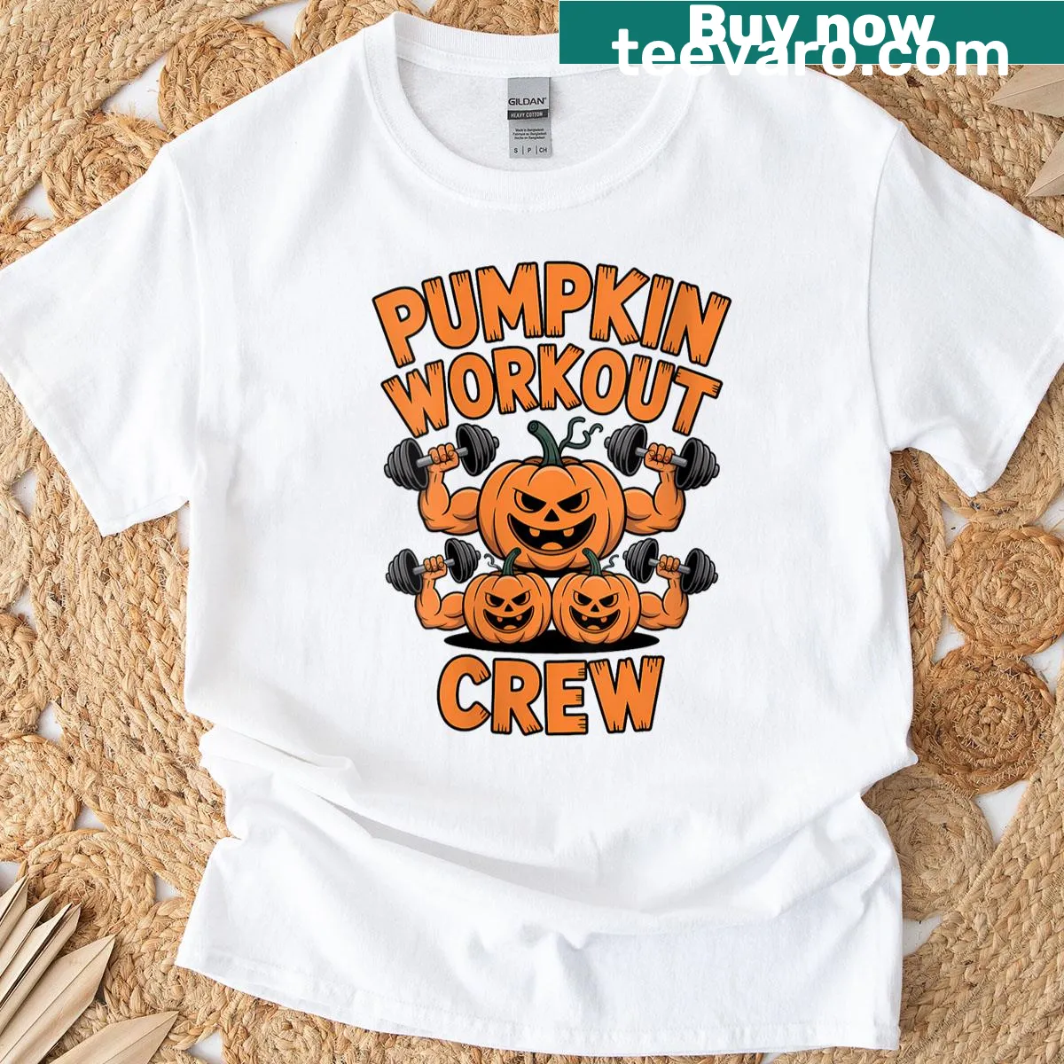 Funny Halloween fitness t-shirt featuring a pumpkin graphic and 'Workout Crew' text — on a men's t-shirt