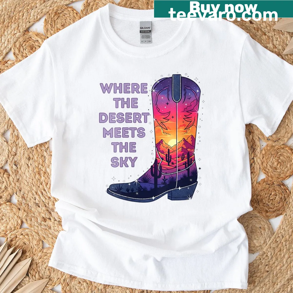 Vintage-style t-shirt featuring cowboy boots for boho cowgirls — on a men's t-shirt