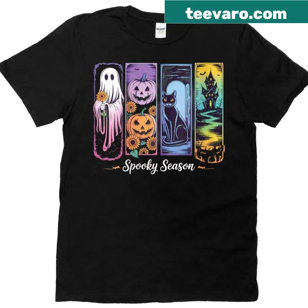 Halloween-themed T-shirt with ghosts, pumpkins, and cats design