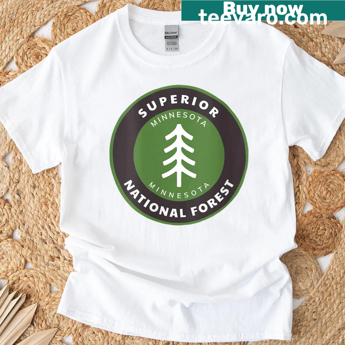 T-shirt featuring a tree badge design for Superior National Forest — on a men's t-shirt